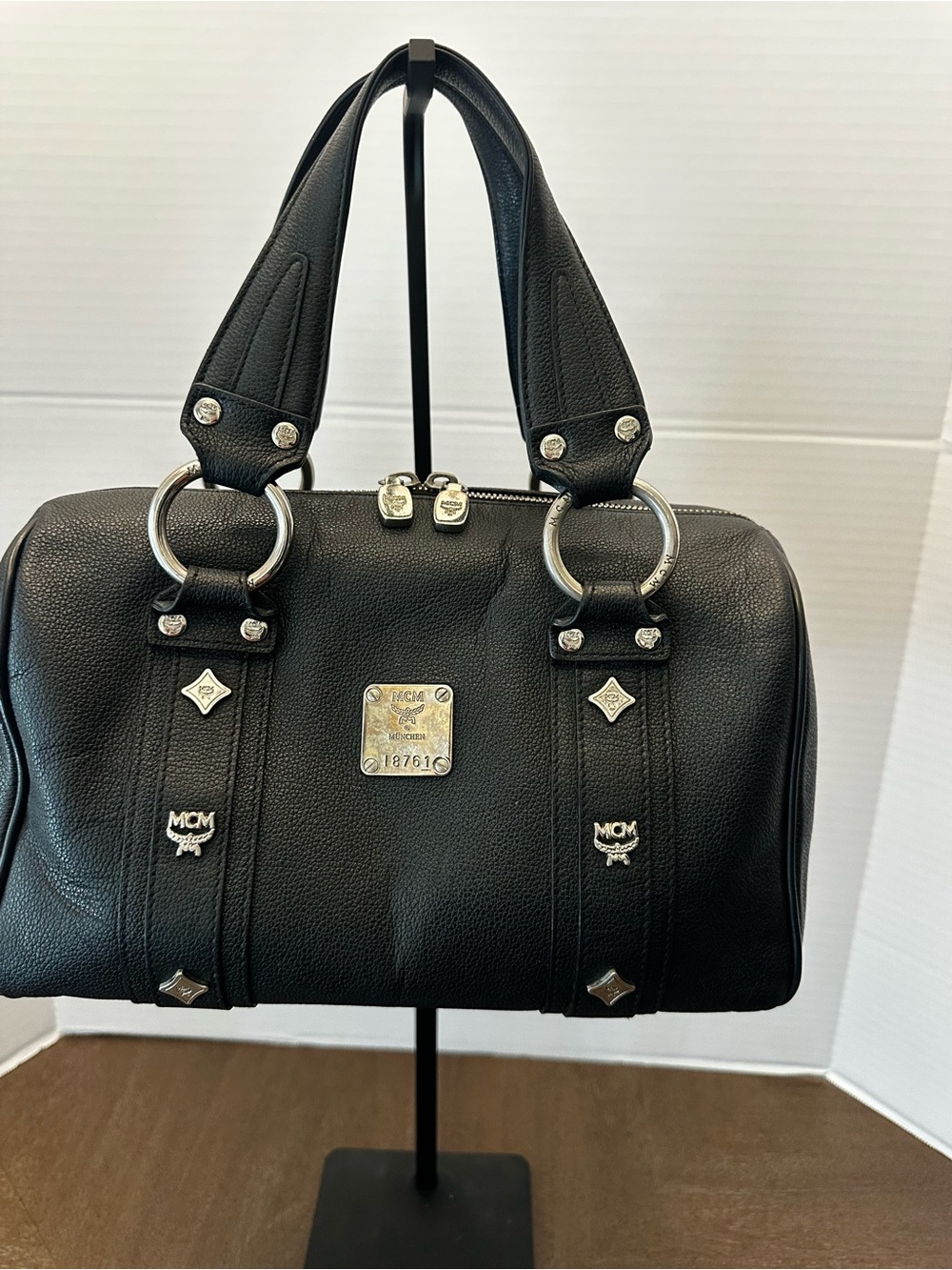 MCM Black Pebbled Leather Boston Bag with Silver Hardware - Picture 1 of 16